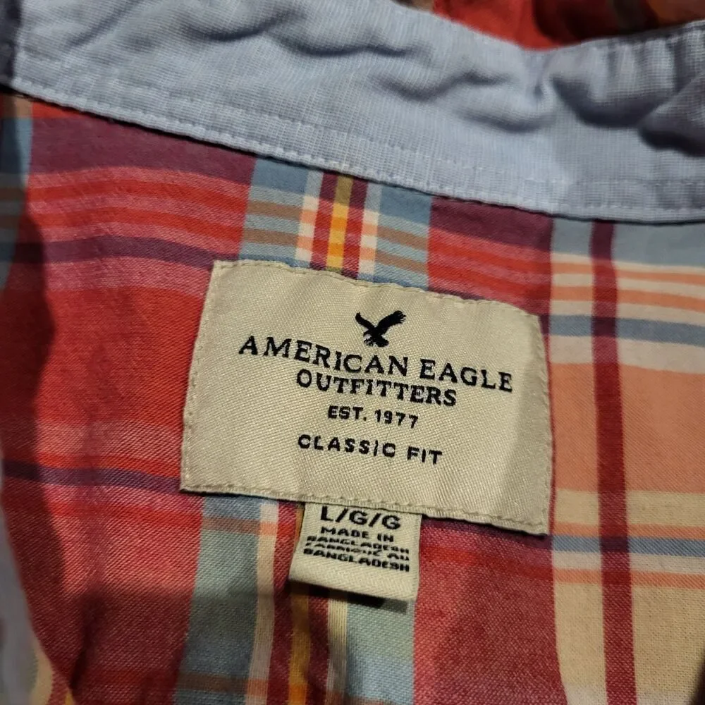 American Eagle Classic Fit Poplin Plaid Long Sleeve Button Up Shirt Men's Large